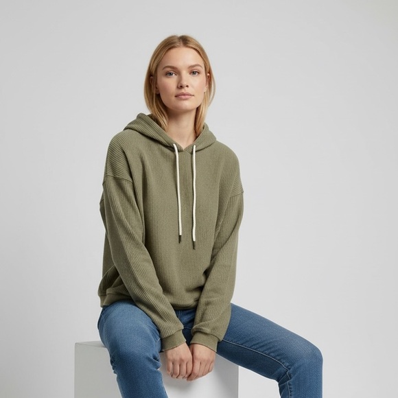 Aerie Olive Green Ribbed Hoodie 100% Cotton Relaxed Fit XS - Oversized - Picture 4 of 9